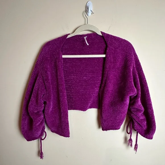 Free people Open Front Sweater Cardigan Hot Pink Cinched Tie Sleeves Women’s XS - Picture 2 of 14